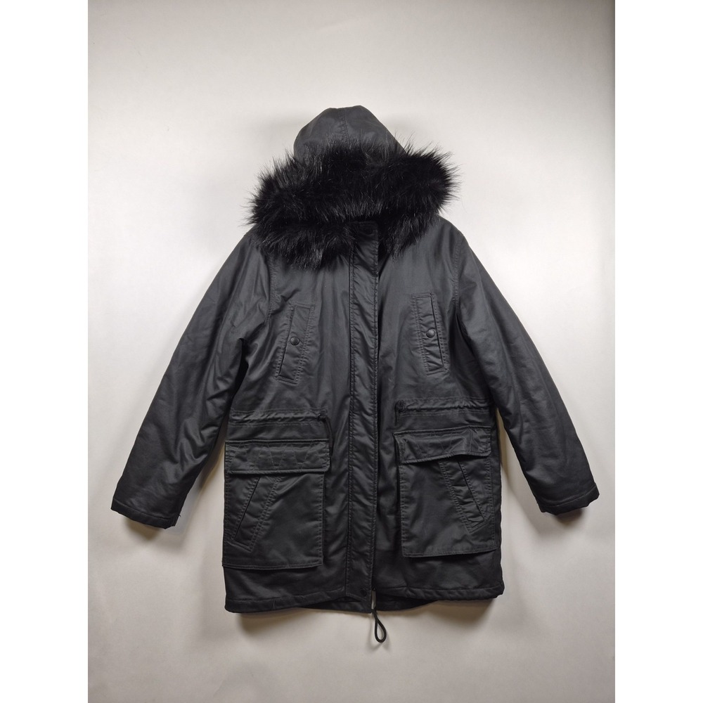 American Eagle Outfitters Mens L Parka Jacket Black Faux Fur Hood Sherpa Lined